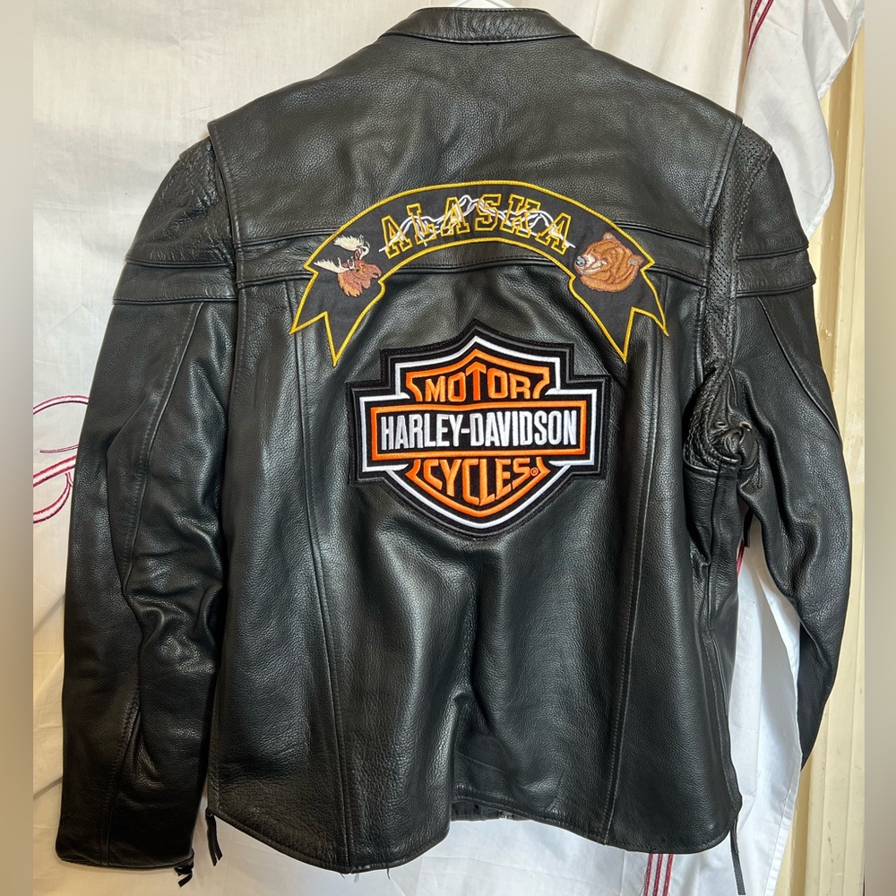 Leather motorcycle jacket 
HEAVY HEAVY
Zippers compartments everywhere

HARLEY